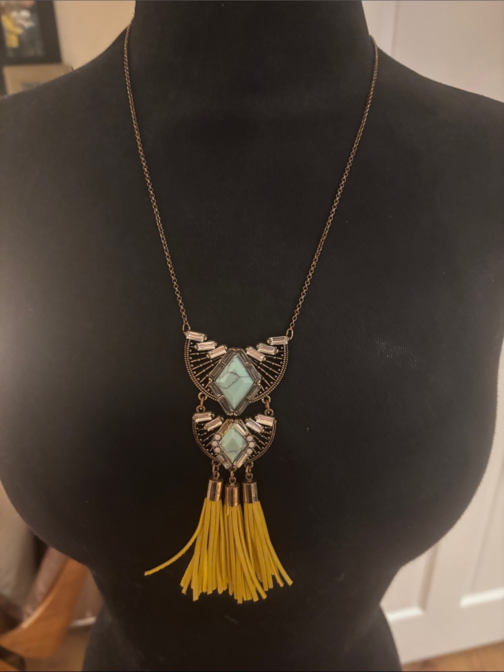 Anthropologie Brass Necklace with Turquoise Stones and Yellow Tassel